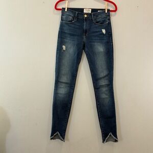 FRAME Le Skinny de Jeanne Women Size 27 Blue Distressed Raw V-Hem Jeans